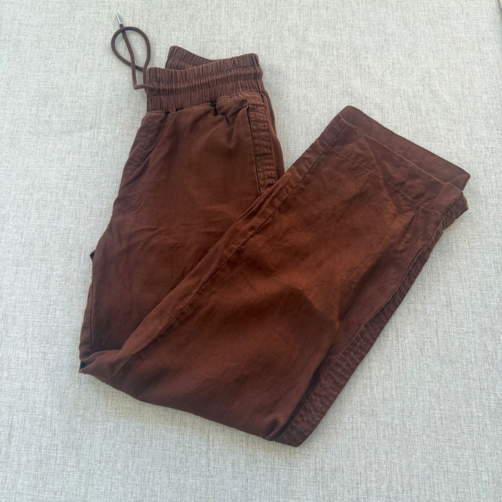 Quince 100% Linen Pants Womens XS Wide Leg Drawstring Brown